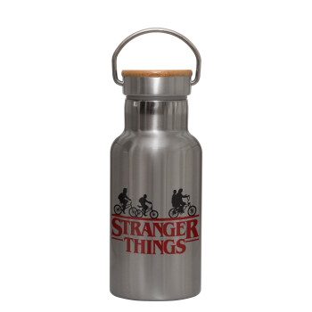 Stranger Things red, Μεταλλικό παγούρι θερμός (Stainless steel) Ασημένιο με ξύλινο καπακι (bamboo), διπλού τοιχώματος, 350ml