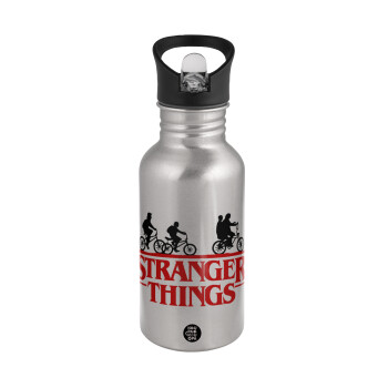 Stranger Things red, Water bottle Silver with straw, stainless steel 500ml