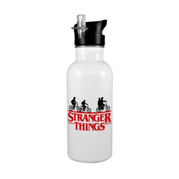 Stranger Things red, White water bottle with straw, stainless steel 600ml