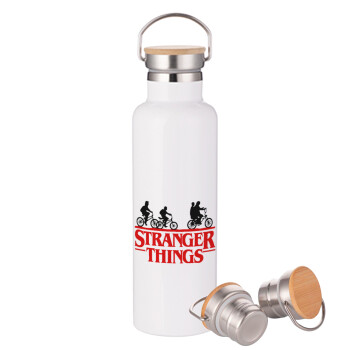 Stranger Things red, Μεταλλικό παγούρι θερμός (Stainless steel) Λευκό με ξύλινο καπάκι (bamboo), διπλού τοιχώματος, 750ml