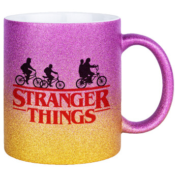 Stranger Things red, Κούπα Χρυσή/Ροζ Glitter, κεραμική, 330ml