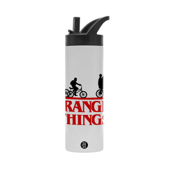 Stranger Things red, Metallic thermos bottle with straw & handle, stainless steel (Stainless steel 304), double-walled, 600ml.