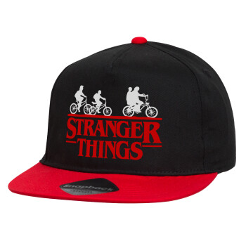 Stranger Things red, Καπέλο παιδικό Flat Snapback, Μαύρο/Κόκκινο (100% ΒΑΜΒΑΚΕΡΟ, ΠΑΙΔΙΚΟ, UNISEX, ONE SIZE)