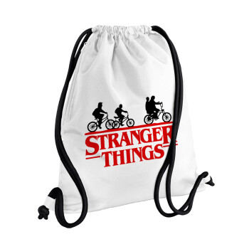 Stranger Things red, Τσάντα πλάτης πουγκί GYMBAG λευκή, με τσέπη (40x48cm) & χονδρά κορδόνια