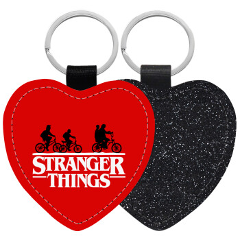 Stranger Things red, Μπρελόκ PU δερμάτινο glitter καρδιά ΜΑΥΡΟ