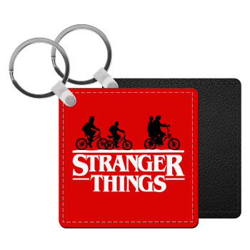 Stranger Things red, Μπρελόκ Δερματίνη, τετράγωνο ΜΑΥΡΟ (5x5cm)
