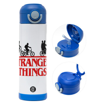 Stranger Things red, Παιδικό παγούρι θερμό, ανοξείδωτο, με καλαμάκι ασφαλείας, ΜΠΛΕ (500ml)