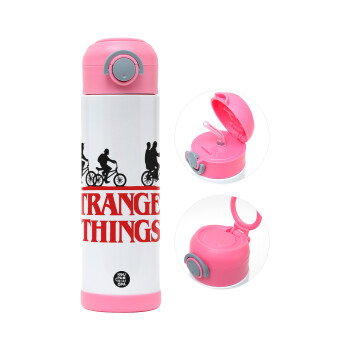 Stranger Things red, Children's hot water bottle, stainless steel, with safety straw, PINK (500ml)
