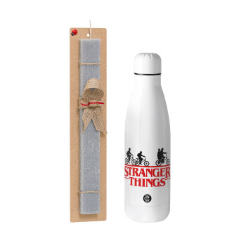 Stranger Things red, Easter Set, metallic stainless thermos bottle (500ml) & scented flat Easter candle (30cm) (GRAY)