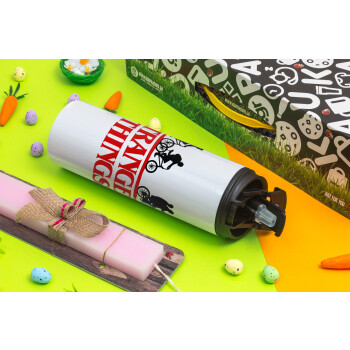 Stranger Things red, Πασχαλινή Λαμπάδα με Travel Tumbler θερμό με διπλό καπάκι (600ml, BPA free) & κερί αρωματικό πλακέ (30cm) (ΡΟΖ)