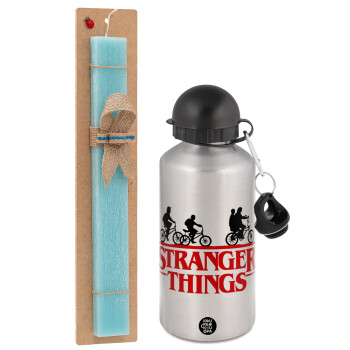 Stranger Things red, Easter Set, metallic silver aluminum water bottle (500ml) & scented flat Easter candle (30cm) (TURQUOISE)