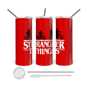 Stranger Things red, 360 Eco friendly ποτήρι θερμό (tumbler) από ανοξείδωτο ατσάλι 600ml, με μεταλλικό καλαμάκι & βούρτσα καθαρισμού