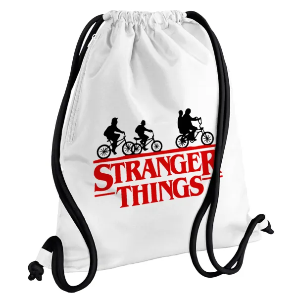 Stranger Things red — Τσάντα πλάτης πουγκί GYMBAG λευκή, με τσέπη (40x48cm) & χονδρά κορδόνια