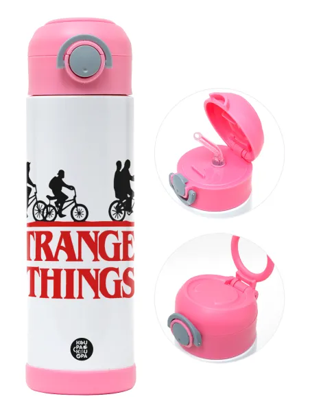 Stranger Things red — Παιδικό παγούρι θερμό, ανοξείδωτο, με καλαμάκι ασφαλείας, ΡΟΖ (500ml)