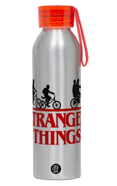Stranger Things red — Αλουμινένιο Αθλητικό Μπουκάλι 650ml – Ασημί με Κόκκινο Καπάκι και Λουράκι Σιλικόνης