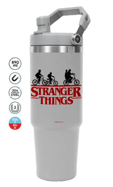 Stranger Things red — ΓΚΡΙ Travel Tumbler Θερμός με χερούλι και καλαμάκι 890ml