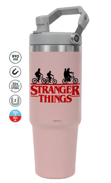Stranger Things red — ΡΟΖ Travel Tumbler Θερμός με χερούλι και καλαμάκι 890ml