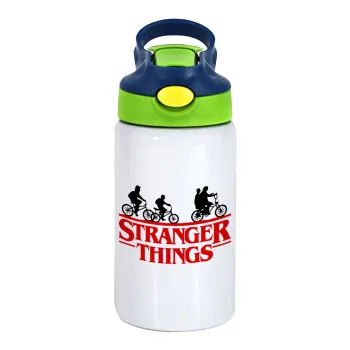Stranger Things red, Children's hot water bottle, stainless steel, with safety straw, green, blue (350ml)