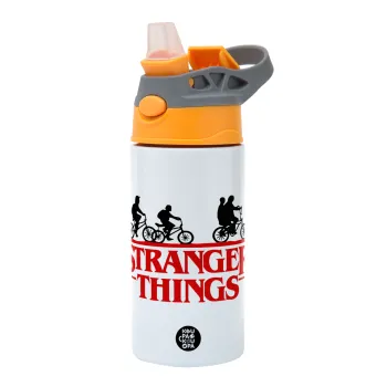 Stranger Things red, Παιδικό παγούρι θερμό, ανοξείδωτο, με καλαμάκι ασφαλείας, Πορτοκαλί/Γκρι (360ml) BPA-FREE