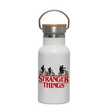 Stranger Things red, Μεταλλικό παγούρι θερμός (Stainless steel) Λευκό με ξύλινο καπακι (bamboo), διπλού τοιχώματος, 350ml