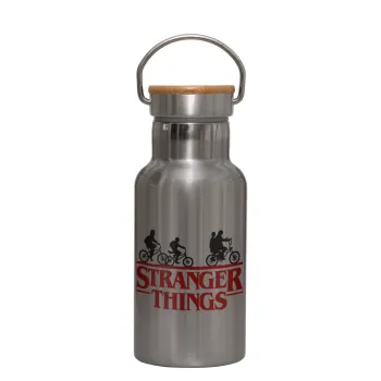 Stranger Things red, Μεταλλικό παγούρι θερμός (Stainless steel) Ασημένιο με ξύλινο καπακι (bamboo), διπλού τοιχώματος, 350ml