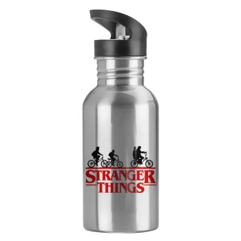 Stranger Things red, Water bottle Silver with straw, stainless steel 600ml
