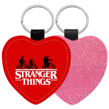 Stranger Things red, Μπρελόκ PU δερμάτινο glitter καρδιά ΡΟΖ