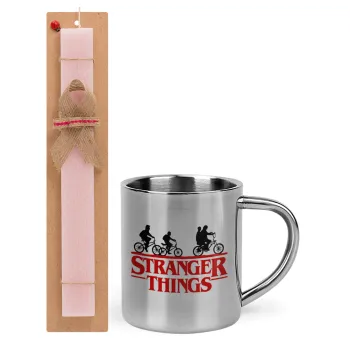 Stranger Things red, Easter Set, metallic thermal cup (300ml) & aromatic flat Easter candle (30cm) (PINK)