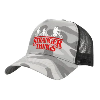 Stranger Things red, Καπέλο Ενηλίκων Structured Trucker, με Δίχτυ, (παραλλαγή) Army Camo (100% ΒΑΜΒΑΚΕΡΟ, ΕΝΗΛΙΚΩΝ, UNISEX, ONE SIZE)