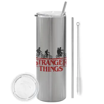 Stranger Things red, Tumbler stainless steel Silver 600ml, with metal straw & cleaning brush