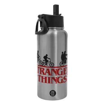 Stranger Things red, Metal mug thermo Silver with Straw and Spout Lid (Stainless steel), double wall, 950ml