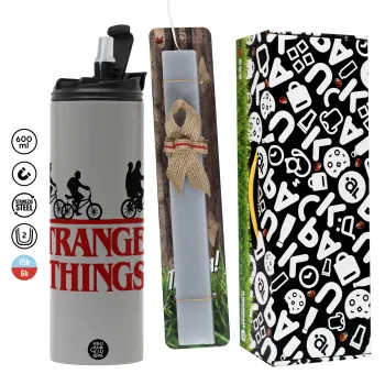 Stranger Things red, Πασχαλινή Λαμπάδα με Travel Tumbler θερμό (600ml, BPA free) & κερί αρωματικό πλακέ (30cm) (ΓΚΡΙ)