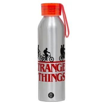 Stranger Things red, Αλουμινένιο Αθλητικό Μπουκάλι 650ml – Ασημί με Κόκκινο Καπάκι και Λουράκι Σιλικόνης