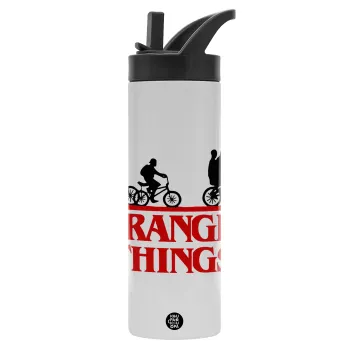 Stranger Things red, Μεταλλικό παγούρι θερμός με καλαμάκι & χειρολαβή, ανοξείδωτο ατσάλι (Stainless steel 304), διπλού τοιχώματος, 600ml