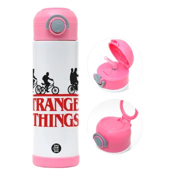 Stranger Things red, Παιδικό παγούρι θερμό, ανοξείδωτο, με καλαμάκι ασφαλείας, ΡΟΖ (500ml)