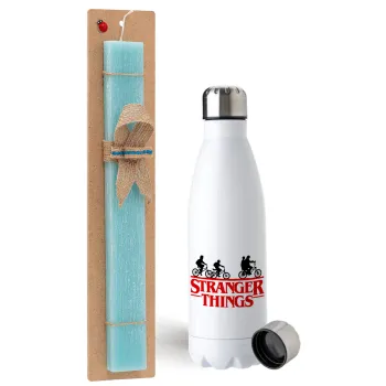 Stranger Things red, Easter Set, metallic stainless steel water bottle (750ml) & aromatic flat Easter candle (30cm) (TURQUOISE)