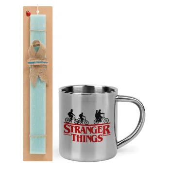 Stranger Things red, Easter Set, metallic thermal cup (300ml) & aromatic flat Easter candle (30cm) (TURQUOISE)