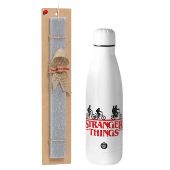 Stranger Things red, Easter Set, metallic stainless thermos bottle (500ml) & scented flat Easter candle (30cm) (GRAY)