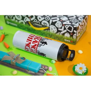 Stranger Things red, Easter candle,Travel Tumbler 2 Lids, with metal straw & cleaning brush & aromatic flat candle (30cm) (BLUE)