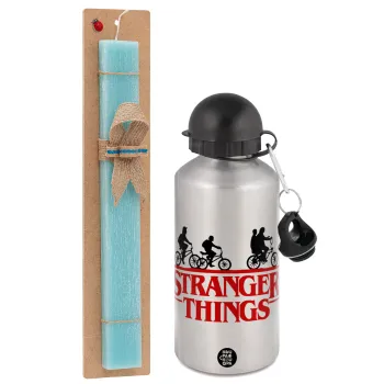 Stranger Things red, Easter Set, metallic silver aluminum water bottle (500ml) & scented flat Easter candle (30cm) (TURQUOISE)