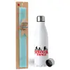 Easter Set, metallic stainless steel water bottle (750ml) & aromatic flat Easter candle (30cm) (TURQUOISE)