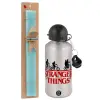Easter Set, metallic silver aluminum water bottle (500ml) & scented flat Easter candle (30cm) (TURQUOISE)