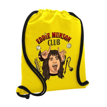 Eddie Munson, Hellfire CLub, Stranger Things, Τσάντα πλάτης πουγκί GYMBAG Κίτρινη, με τσέπη (40x48cm) & χονδρά κορδόνια