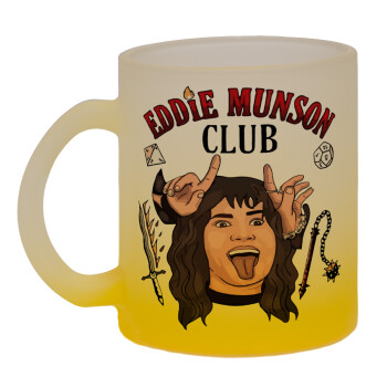 Eddie Munson, Hellfire CLub, Stranger Things, Κούπα γυάλινη δίχρωμη με βάση το κίτρινο ματ, 330ml