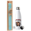 Easter Set, metallic stainless steel water bottle (750ml) & aromatic flat Easter candle (30cm) (TURQUOISE)