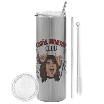 Eddie Munson, Hellfire CLub, Stranger Things, Eco friendly stainless steel Silver tumbler 600ml, with metal straw & cleaning brush