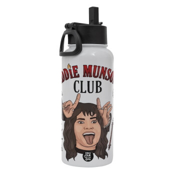 Eddie Munson, Hellfire CLub, Stranger Things, Metal mug thermo White with Straw and Spout Lid (Stainless steel), double wall, 950ml