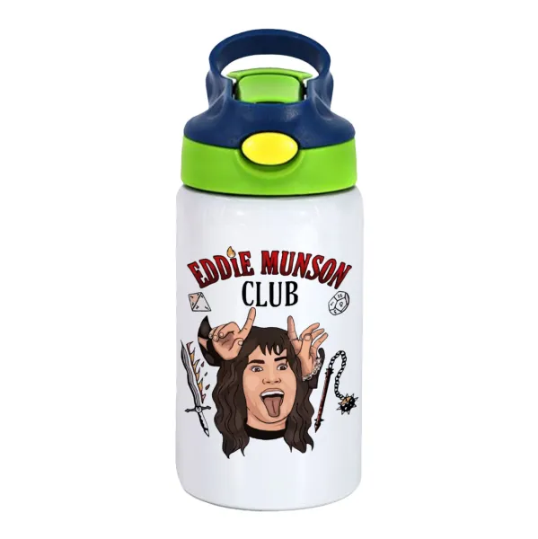 Eddie Munson — Children's hot water bottle, stainless steel, with safety straw, green, blue (350ml)
