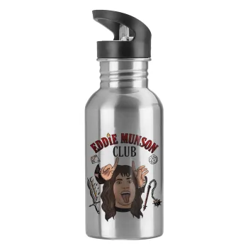 Eddie Munson, Hellfire CLub, Stranger Things, Παγούρι νερού Ασημένιο με καλαμάκι, ανοξείδωτο ατσάλι 600ml