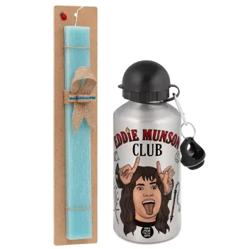 Eddie Munson, Hellfire CLub, Stranger Things, Easter Set, metallic silver aluminum water bottle (500ml) & scented flat Easter candle (30cm) (TURQUOISE)